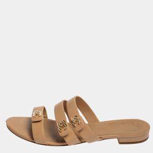 Chanel Beige CC Turnlock Leather Triple Strap Flat Sandals Size 40.5