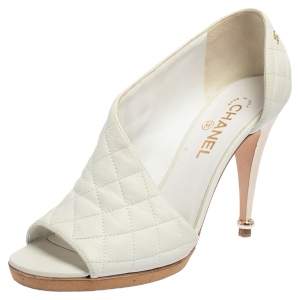 Chanel White Quilted Leather CC Peep Toe Ankle Booties Size 40.5