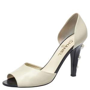 Pre Owned Chanel Cream Leather CC Pearl Embellished Heel D'orsay Peep Toe Pumps Size 40.5