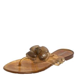 Pre Owned Chanel Gold Rubber Camellia CC Thong Flat Slides Size 39