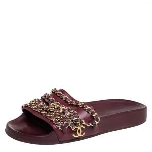 Chanel Burgundy Leather  Tropiconic Chain Detail Flat Sandals Size 35