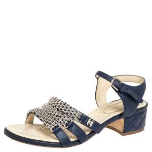 Chanel Navy Blue Leather Reissue Chain Detail Quilted Heel Ankle Strap Sandals Size 39