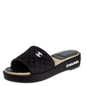 Chanel Black Satin CC Espadrille Slide Sandals Size 40
