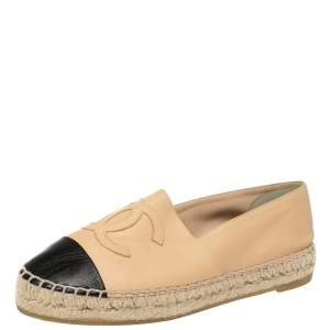 Pre Owned Chanel Beige/Black Leather CC Cap Toe Flat Espadrilles Size 36