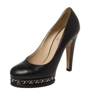مملوكة مسبقًا Chanel Black Leather CC Cap Toe Chain Platform Pumps Size 36.5