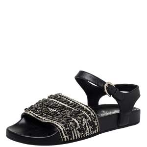 Pre Owned Chanel Black/White Leather And Woven Fabric Chain Embellished Ankle Strap Flat Sandals Size 39