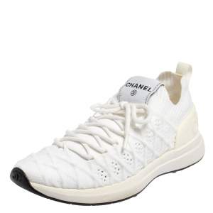 Pre Owned Chanel White Knit Fabric Lace Up Sneakers Size 37
