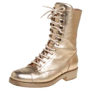 Chanel Gold Leather CC Lace Up Ankle Boots Size 41