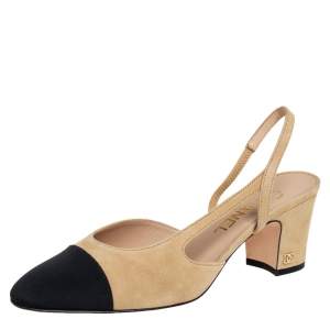 مملوكة مسبقًا Chanel Beige/Black Suede And Fabric Cap Toe Slingback Sandals Size 38.5