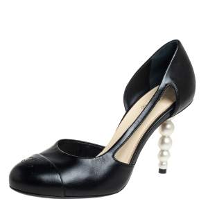 Pre Owned Chanel Black Leather Pearl Embellishment Heel Dorsay Pumps Size 38.5