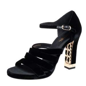 مملوكة مسبقًا Chanel Black Velvet Ankle Strap Sandals Size 38.5