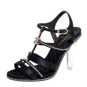 مملوكة مسبقًا Chanel Black Satin Crystal Embellished Lucite Heel CC Strappy Sandals Size 38.5