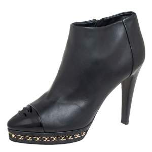 Chanel Black Leather Chain Embellished  CC Cap Toe Ankle Boots Size 38