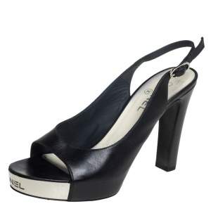 مملوكة مسبقًا Chanel Black Leather CC Peep Toe Platform Slingback Sandals Size 38.5