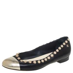 Pre Owned Chanel Black Leather Silver Cap Toe Camellia Studded Ballet Flats Size 39