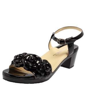 Pre Owned Chanel Black Patent Leather Camellia Ankle Strap Sandals Size 38.5