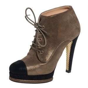 Chanel Olive Green/Black Glitter Suede Cap Toe Lace Up Booties Size 37.5