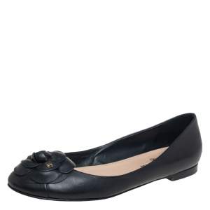 Pre Owned Chanel Black Leather Camellia Ballet Flats Size 40