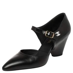 مملوكة مسبقًا Chanel Black Leather Patent Leather D'orsay Ankle Strap Pumps Size 35.5
