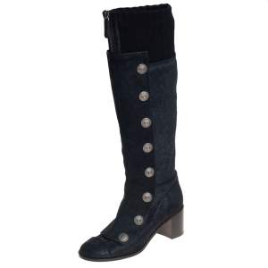 Chanel Black Suede And Knit Fabric Button Knee Length Boots Size 37.5
