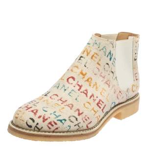 Chanel White Graffiti Printed Canvas Chelsea Ankle Boots Size 37