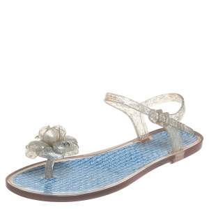 Pre Owned Chanel Blue Rubber Camellia Sandals Size 38