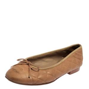 Pre Owned حذاء فلات باليه شانيل فيونكة سي سي جلد مبطن بيج مقاس 36.5