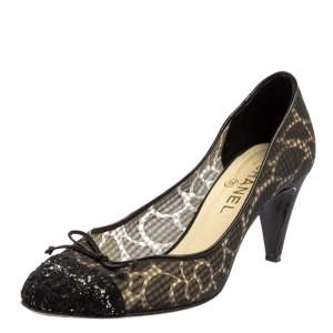Chanel Black Mesh And Tweed Cap Toe Pumps Size 38.5