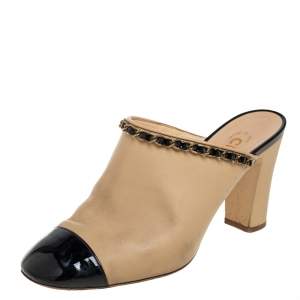 Chanel Beige/Black Leather CC Sandals Size 38.5