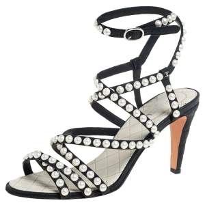Pre Owned Chanel Black Leather Faux Pearl Embellished Strappy Sandals Size 39