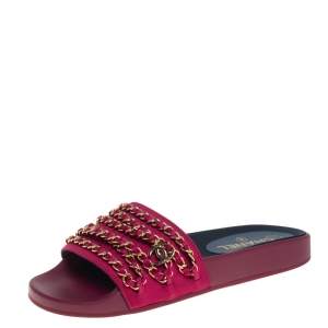 مملوكة مسبقًا Chanel Majenta Satin Tropiconic Chain Link Slide Size 38