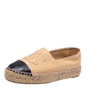 مملوكة مسبقًا Chanel Beige/Black Leather CC Cap Toe Espadrille Flats Size 36