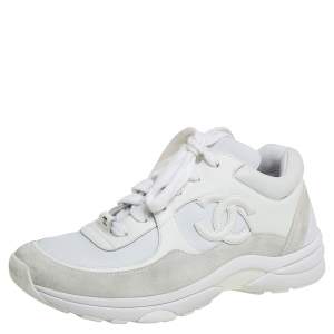 مملوكة مسبقًا Chanel White Leather And Neoprene CC Low Top Sneakers Size 37.5