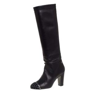 Chanel Black Leather CC Cap Toe Knee Length Boots Size 37.5