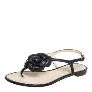 Chanel Black Leather Camellia Thong Flat Sandals Size 36