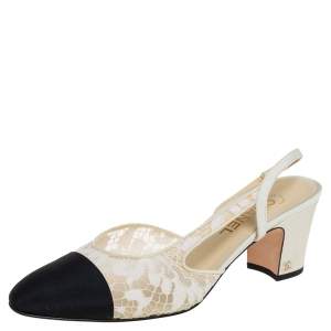 Pre Owned صندل شانيل حزام خلفي مقدمة غطاء من القماش والدانتيل الأبيض والأسود مقاس 41