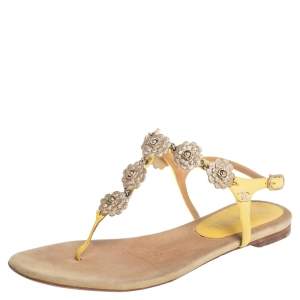 Chanel Yellow/Beige Leather and Suede Camellia Medallion T Strap Thong Sandals Size 37