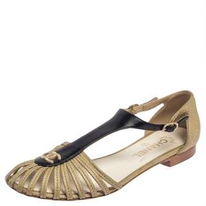مملوكة مسبقًا Chanel Gold/Black Leather and Shimmery Canvas Strappy D'Orsay Flat Sandals Size 39.5