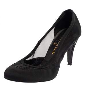 Chanel Black Net And Canvas Round Toe Pumps Size 38