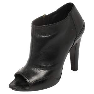 Chanel Black Leather Open Toe CC Heel Ankle Booties Size 36