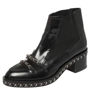 Chanel Black Patent Leather and Fabric Chain Embellished Ankle Boots Size 40