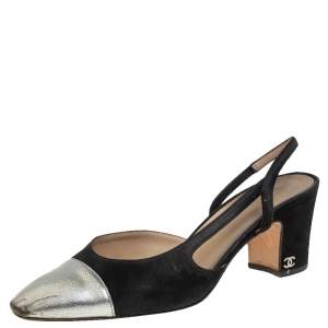 مملوكة مسبقًا Chanel Black Suede And Leather CC Cap Toe Slingback Sandals Size 38