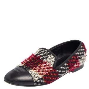 Chanel Multicolor Tweed And Leather Cap Toe Smoking Slippers Size 38