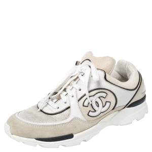 مملوكة مسبقًا Chanel White Mesh And Suede CC Low-Top Sneakers Size 38.5