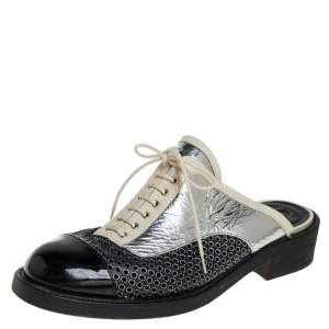 Pre Owned حذاء سلايد شانيل جلد وجلد لامع ثلاثي اللون برباط سليب أون مقاس 41