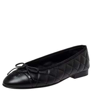 مملوكة مسبقًا Chanel Black Quilted Leather CC Bow Ballet Flats Size 35.5