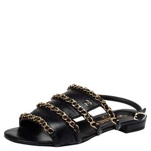 مملوكة مسبقًا Chanel Black Leather Chain Slingback Sandals Size 36