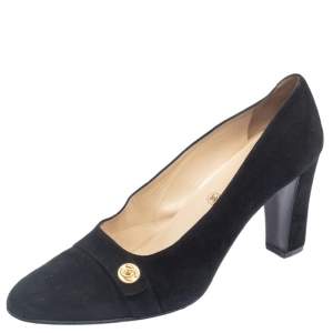 Pre Owned Chanel Black Suede CC Block Heel Pumps Size 38