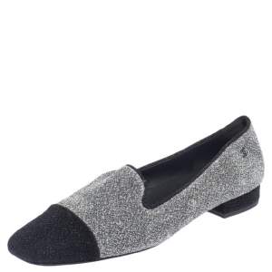 مملوكة مسبقًا Chanel Silver/Black Lurex Fabric Square Cap Toe Smoking Slippers Size 38