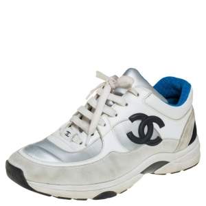 مملوكة مسبقًا Chanel White/Grey Suede, Leather And Fabric CC Low-Top Sneakers Size 38.5
